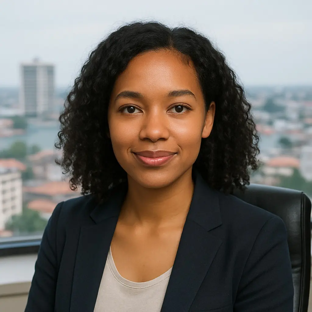 Sandrine Noutcha, fondatrice d’une agence de marketing digital à Douala, pose dans son bureau avec une vue panoramique. Elle vient de recevoir son MacBook Air commandé sur Apple Store 237.