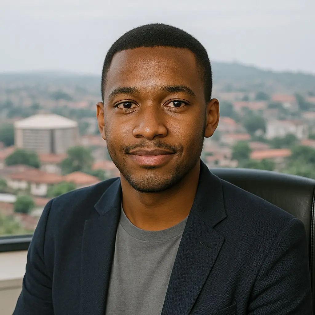 Kevin Tchatchoua, jeune CEO dans le secteur de l’énergie, sourit depuis son bureau avec vue sur Yaoundé. Il utilise un iPhone 14 Pro acheté sur Apple Store 237 pour gérer son entreprise